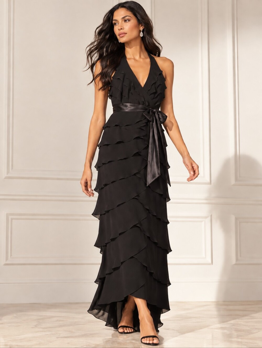 ❤️ TADASHI SHOJI SILK TIERED RUFFLE HALTER SHEATH COCKTAIL DRESS, 4